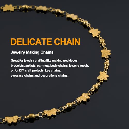 KYUNHOO 13FT/4M Gold Plated Jewelry Chains for Crafts Making Textured Butterfly Chain Link Satellite Bead Stainless Steel Necklace Bulk Jewelry - color: Butterfly Gold