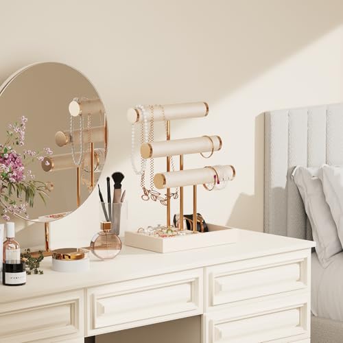 Abiglifty 3 Tier Necklace Holder Display, Jewelry Organizer, Jewelry Stand, Bracelet Display, Necklace Organizer, Bracelet holder, Jewelry Display for Necklace, Watches, Rings, Beige - color: Beige