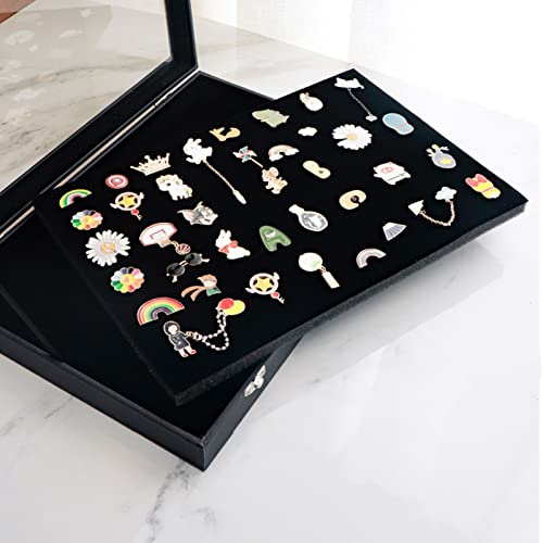 Pin Display Case Premium Transparent Glass Lid Jewelry Storage Box With Lock Buckle For Brooch Badge Medal Collection Black 28x20x5cm