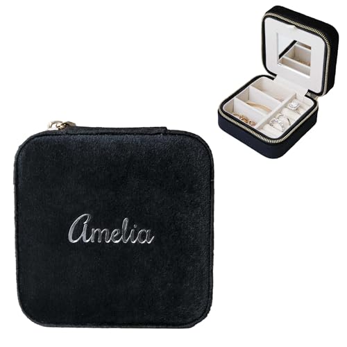 Customizable Compact Velvet Jewelry Box with Mirror, Travel Jewelry Case, Travel Jewelry Organizer, Jewelry Box for Women and Girls, Small Jewelry Organizer (Center Text, Black) - color: Black, size: Center Text Only