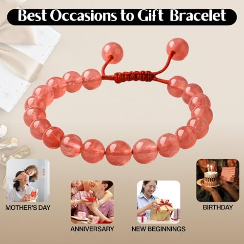 Amazing Gemstone Cherry Quartz Bracelet, Gifts For Men & Women - Protection Healing Crystal Bracelet - 8mm Gemstone Beaded Adjustable Bracelet, Pulseras Para Hombres Mujer Stocking Stuffers - color: Cherry Quartz