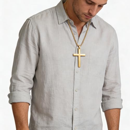 Cross Necklace for Men Silver Premium Alloy Solid Color Cross Pendant Necklace for Men Women Teens - color: Gold-Stainless Steel-23.6inch