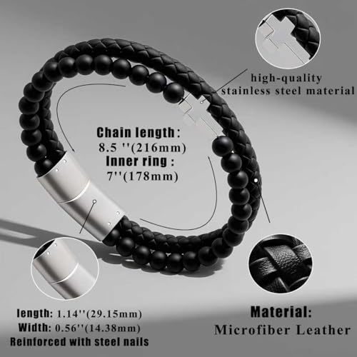 Mens Bracelet Fathers Gifts Day Black Braided Leather Stainless Steel Cross Jewelry Charming Bracelet Embedded with Black Agate Beads,Perfect for Wedding, Parties, and Everyday,Bible Verse Christian Religious Gift(7.5/8.5/9 Inch) - color: F+silver+8.5