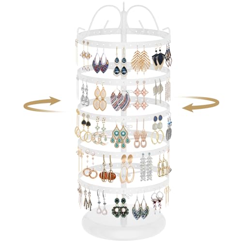LASZOLA 5 Tier White Earring Holder Organizer Tree Women Display Storage for Stud and Hoop, Large Cool Rotating Clip Stand for Pierced and Dangle Earring, Vertical Metal Tower Carousel with 220 Holes - color: White, size: 5 Tier, 220 Holes
