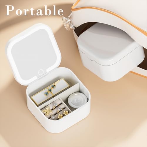 Portable Jewelry Box with LED Mirror, White, 3.5 x 3.5 x 1.8 inches, Travel Size Organizer