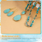 2 Pcs Boho Lapis Lazuli Jewelry Set for Women - Handmade Natural Stone Beaded Long Necklace with Oval Lapis Lazuli Pendant & Trapezoid Lapis Lazuli Earrings | Vintage Elegance | Ideal Gift for Her - style: Turquoise Pendant