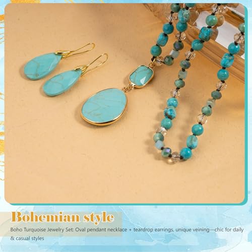 2 Pcs Boho Lapis Lazuli Jewelry Set for Women - Handmade Natural Stone Beaded Long Necklace with Oval Lapis Lazuli Pendant & Trapezoid Lapis Lazuli Earrings | Vintage Elegance | Ideal Gift for Her - style: Turquoise Pendant