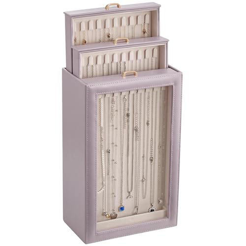 Lolalet Necklace Organizer Box, Jewelry Storage Box with Clear Window for Necklaces Bracelets, Tangle-Free Necklace Display Case for Women Girls, Mothers Day Gift - color: Dusty Purple, size: 3 Layers, 30 Hooks