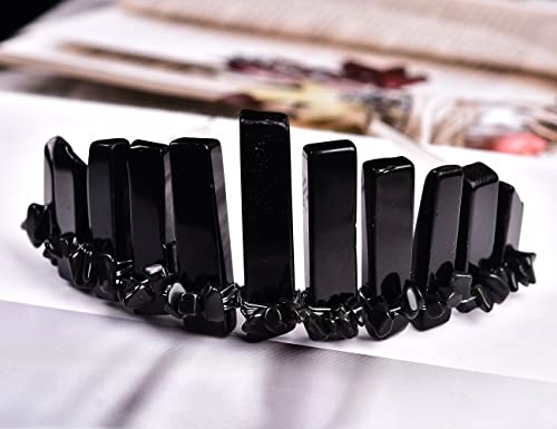 JIC Gem Black Obsidian Crystal Crown Raw Quartz Headband Handmade Tiara Natural Stone Headpiece Women Girls for Wedding Parties - color: Black Obsidian