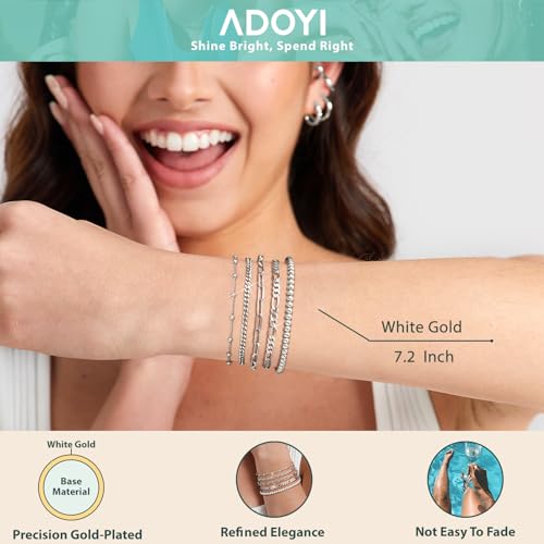 adoyi Gold Bracelets for Women, 14K Gold Plated Stackable Bracelet Stack Set Adjustable Charm Paperclip Chain Cuban Link Layered Waterproof Jewelry Sets Gifts for Womens - color: Silver 7.2 IN Large Wrist