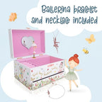 The Memory Building Co Ballerina Musical Jewelry Box Plays Classic Melody, Storage Organizer Music Box for Kids Ages 6-12, MDF Wood w/ 2 Fabric Lined Ring Bracelet Necklace Treasure Compartments - style: Ballerina