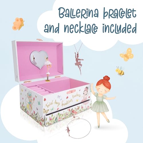 The Memory Building Co Ballerina Musical Jewelry Box Plays Classic Melody, Storage Organizer Music Box for Kids Ages 6-12, MDF Wood w/ 2 Fabric Lined Ring Bracelet Necklace Treasure Compartments - style: Ballerina
