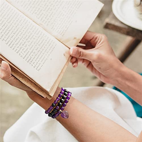 Vinswet Healing Crystal Beaded Bracelets for Women,Natural Amethyst Gemstones Bracelet,Anxiety Stress Relief Heart Charm Bracelet Handmade purple Jewelry Gifts for Women - color: Amethyst&Black Agate