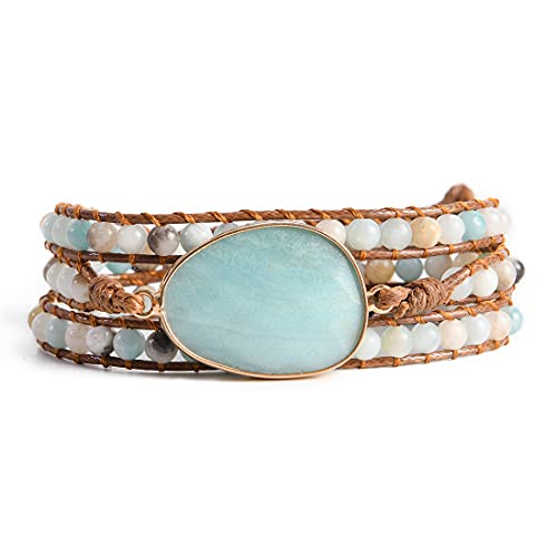 YGLINE Women Boho Handmade Natural Stone Crystal Leather Bead Wrap Bracelets Collection - color: Amazonite-3w