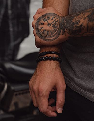 Forge & Foundry Men’s Matte Black Solid Onyx Beaded Bracelet | 10mm, 8mm, 6mm Bead Size Options | Signature Stainless Steel Engraved Bead | Andalus - color: 10mm Silver, size: Large