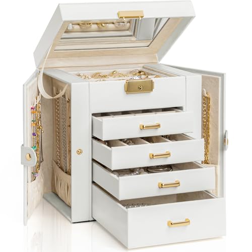 AKOZLIN 5-Tier Jewelry Box Leather Jewelry Storage Organizer with 4 Drawers Lockable for Women Girls Ring Necklace Earring Bracelet Watches Holder with Mirror White - color: White-gold, size: Regular-5 Layer