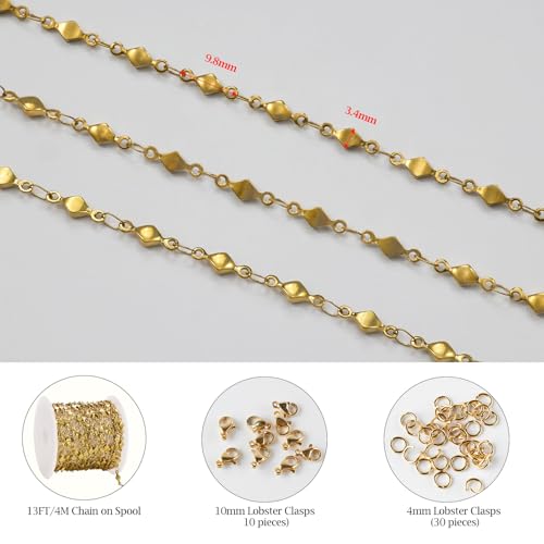KYUNHOO 13 Feet Rhombus Link Necklace Chains Bulk on Spool Solid Stainless Steel Gold Chain for Jewelry Making with Jump Rings and Lobster Clasps - color: Rhombic Gold