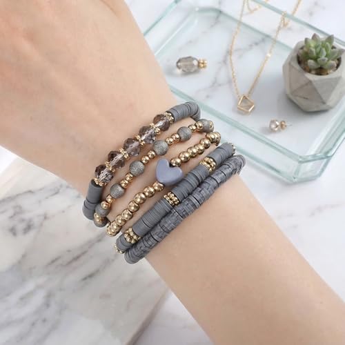 5Pcs Beaded Bracelets for Women, Bohemian Glass Faceted Crystal Beads Bracelet, Stackable Boho Disco Ball Stretch Bracelets, Multilayered Purple Jewelry Gift for Women, Mother's Day - color: Gray