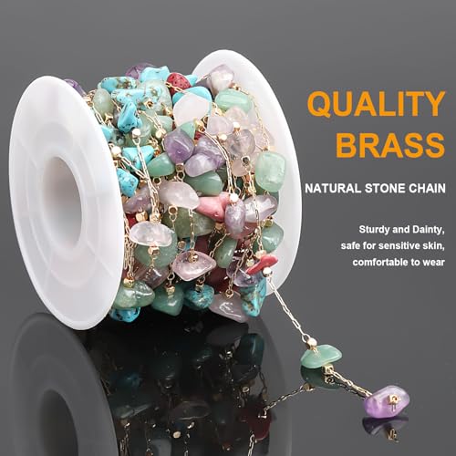 KYUNHOO 16.4FT Colorful Natural Stone Chain Links Gold Plated Brass Chain for Necklace Thin Paperclip Chain Roll with Lobster Clasps Jump Rings Jewelry Making Supplies - color: Natural Stone-Colorful