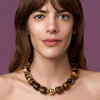 Chunky Necklaces for Women, Trendy Colorful Square Acrylic Resin Beads Statement Choker Necklace, Lightweight Boho Summer Beach Vacation Jewelry - color: Tiger's Eye color