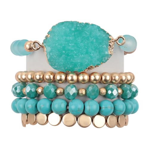 RIAH FASHION Bohemian Acrylic Druzy Multi-Layer Bead Statement Bracelet - Versatile Faux Stone Pendant Stretch Strand Stackable Cuff Bangle Set Sparkly Crystal - color: Acrylic Druzy & Natural Stone Bead Aqua Turquoise