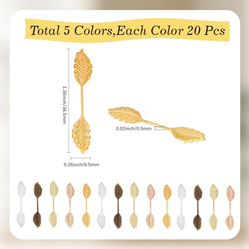 SUNNYCLUE 1 Box 100Pcs 5 Colors Glue On Leaf Bails Brass Pendant Bail Gold Silver Antique Bronze Metal Leaves Shaped Pinch Basic Cabochon Charm Tray for Jewelry Making Pendants DIY Craft Findings