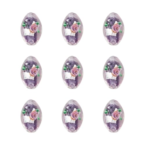 Elecrelive 10Pcs Oval Flower Glass Beads 16mm Silver Foil Lampwork Beads Purple Floral Crystals for DIY Bracelet Necklace Earring Jewelry Making - color: Medium Purple