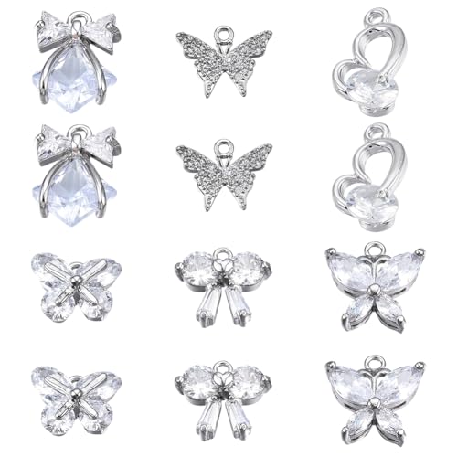SUNNYCLUE 1 Box 12Pcs 6 Styles Silver Butterfly Charm Cubic Zirconia Micro Pave Brass Bowknot Mini Insect Pendants Glass Crystal CZ Stone Beads for Jewelry Making Charms DIY Bracelets Supplies - color: 1 Box 12Pcs Silver Tone Butterfly Charms
