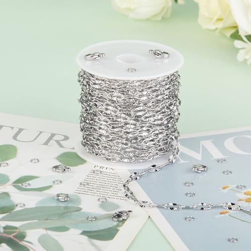 KYUNHOO 16.4 Feet Silver Stainless Steel Chains Bulk Embossed Lip Chain Roll Soldered Cross Link Chains Cable Chain with Jewelry Clasps for Handcraft Making - color: Cross Oval Silver