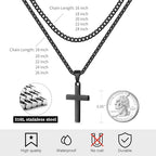 LUXEJEW Cross Necklace for Men Boys - Gold Silver Black Stainless Steel Cross Pendant Necklaces Layered Cuban Link Chain Necklace Jewelry Gifts 16 18 20 22 24 Inches - color: Black, size: 16in/18in, style: Style A-Small Pendant