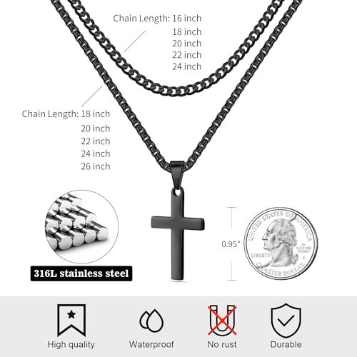 LUXEJEW Cross Necklace for Men Boys - Gold Silver Black Stainless Steel Cross Pendant Necklaces Layered Cuban Link Chain Necklace Jewelry Gifts 16 18 20 22 24 Inches - color: Black, size: 18in/20in, style: Style A-Small Pendant