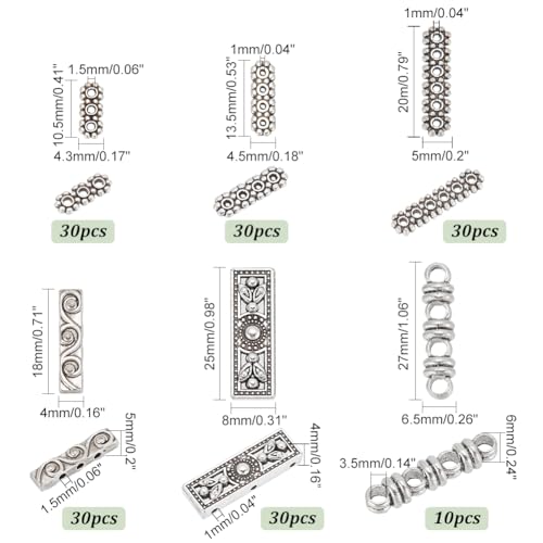 PH PandaHall 160pcs Rectangle Spacer Bar Beads, 6 Styles Tibetan Antique Silver Beads 3 4 6 Hole Multi Strand Connector Link End Bar for Layered Bracelets Necklaces Jewelry Making
