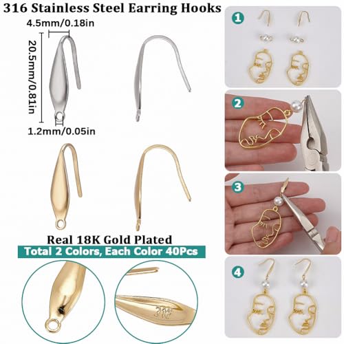 SUNNYCLUE 1 Box 80Pcs Earring Hooks Stainless Steel Ear Wires Fish Hooks 18K Gold Plated Metal Earring Findings Earring Hook with Loops Wide French Earring Hooks for Jewelry Making Supplies Women - color: 80pcs 18k Gold Plated & Stainless Steel Drop Shape