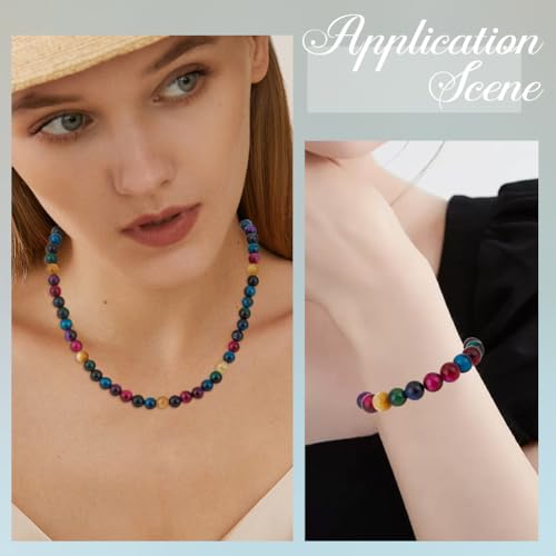 100PCS Natural Tiger Eye Stone Beads with Hole Round Energy Gemstone Pink Blue Green Smooth Polished Loose Spacer Bead Bulk for Jewelry Making Earrings Bracelets Necklaces DIY Crafts Supply - size: mix 100pcs