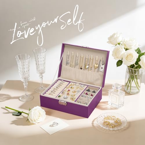 Homeanda Jewelry box 2 layer Jewelry box Leather Jewelry boxes for Women Girls Teens Jewelry organizer box Jewelry Storage box with lock(Purple) - color: Purple