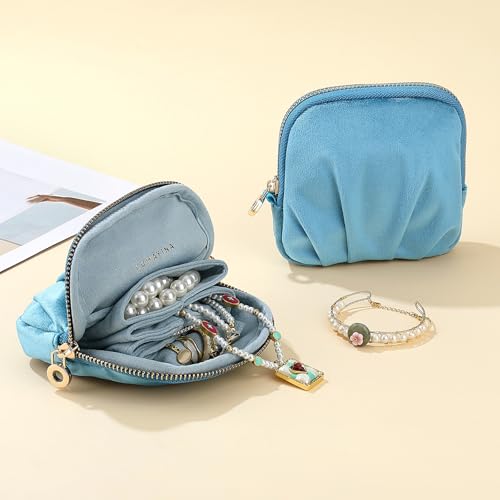 Velvet Travel Jewelry Pouch, 2-in-1 Clamshell Case with Detachable Insert, Portable Travel Jewelry Organizer with Wrist Strap, Converts to Mini Coin Purse, Gift for Women & Girls (Teal Blue) - color: Teal Blue