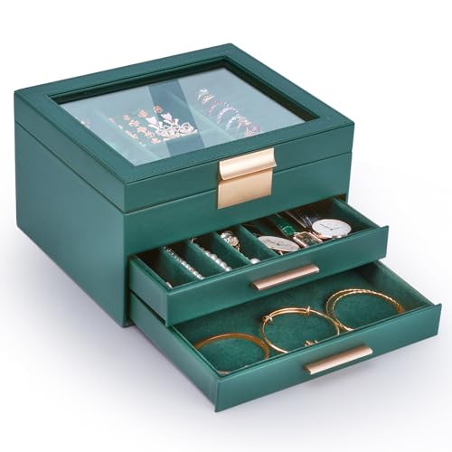 3-Layer Jewelry Box for Women, Jewelry Organizer with Glass Lid and Drawers, Jewelry Organizers and Storage for Necklaces, Rings, Earrings, Bracelets - White/Green/Black - color: Green