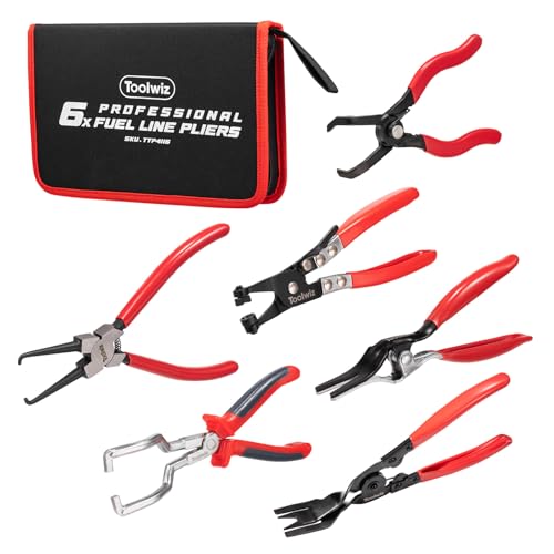 Toolwiz 6 pcs Fuel Line Pliers Set, Hose Clamp Plier, Panel Removal Tool, Hose Removal Plier, 30 Degree Push Pin Pliers, 2 pc 9" Electrical Disconnect Tool for Automotive Repair with Storage Bag - style: 6 Pack