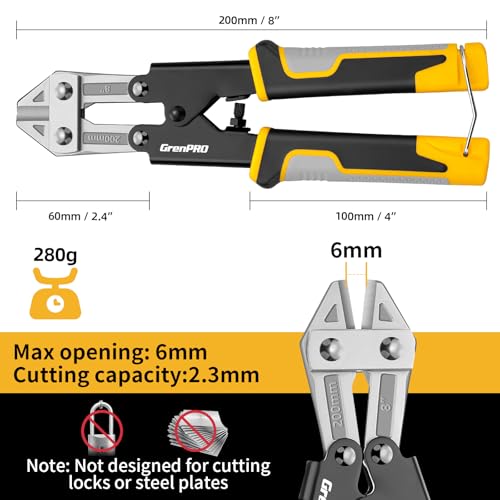 GRENPRO Wire Cutters Heavy Duty 8 Inch, Mini Bolt Cutter & Small Wire Cable Cutters, Wire Clippers for Crafting, Wire Cutter Pliers with Soft Anti-Slip Handle - style: 8" Bolt Cutter