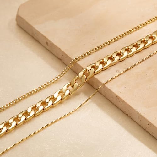 Tewiky Layered Necklaces for Women Non Tarnish- Chunky 14k Gold Plated Herringbone/Snake/Rope/Box/Cuban Link Chain for Women Waterproof Layering Stack Choker Necklace Trendy Dainty Tarnish Free Jewelry Set - color: 3 Chunky cuban/box-Gold