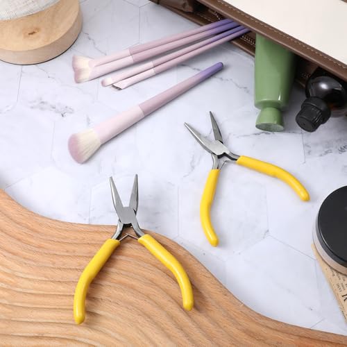 Mini Needle Nose Pliers Set, 2Pcs Needle Nosepliers for Jewelry Making, Yellow Jewelry Chain Nose Plier, Small Craft Plier with Smooth Jaw and Comfort Grip Handle for Wire Bending Object Graspi - color: Yellow