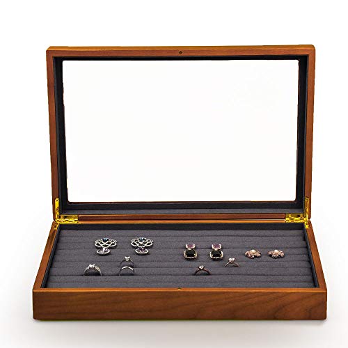 Oirlv Solid Wood Jewelry Display Box Rings Earrings Organizer Case with Acrylic Lid Vintage Gift for Women - size: Grey Ring/Earring Box