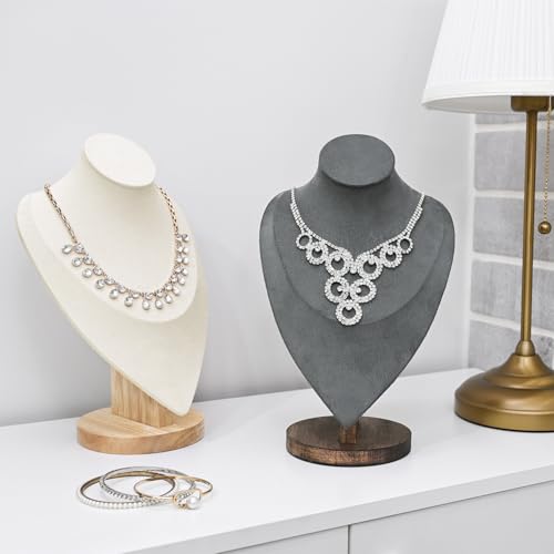 MOOCA 2 Pcs Set Necklace Chain Jewelry Display Holder, Jewelry Stand, Necklaces Display Mannequin Bust Stand, Wood Sturdy Base, Cream Suede - color: 2-Pcs Cream Suede