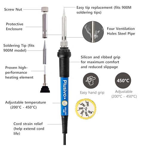 Soldering Iron Kit 60W Adjustable Temperature 5-in-1 Electronics Repair Kit, Solder Wire, Stand, Sponge & Rosin Flux, Fast Heating Soldering Tool for Desoldering, DIY, Circuit Board, Electrical Repair - color: Soldering Iron Kit 7