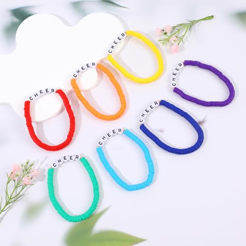 Rainbow Heishi Surfer Bracelets Set for Women Stackable Clay Beaded Bracelets Disc Stretch Preppy Bracelets Layering Colorful Friendship Bracelets Team Cheer Bulk Boho Summer Beach Jewelry Gift - style: CHEER