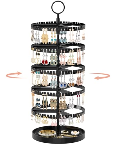 iDavosic.ly 5 Tier Rotating Earring Holder Organizer with Metal Tray, Adjustable Plastic Dangle Display Stands Tree with 285 Grooves, Large Hoop Storage Rack Tower, Black - color: Black, size: 5 Tiers