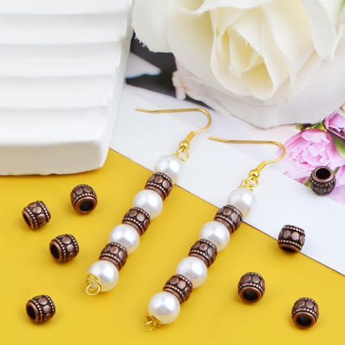 BronaGrand 100pcs Round Tube Spacer Beads Alloy Large Hole Column Beads Antique Red Copper Loose Charm Beads Accessories for DIY European Bracelet Necklace Jewelry Making, Hole: 4 mm - color: Red Copper