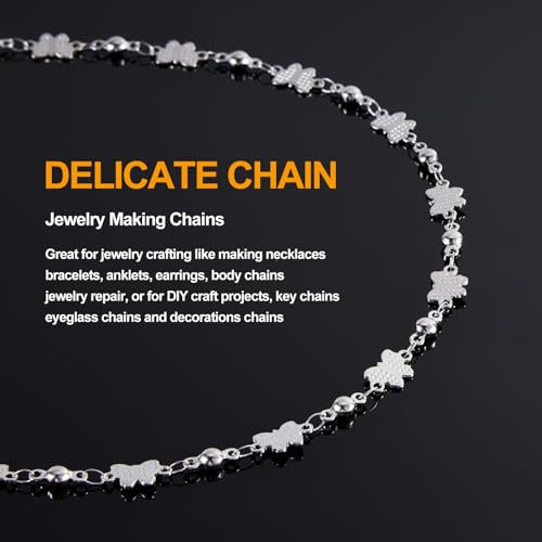 KYUNHOO Stainless Steel Beaded Chains Bulk on Roll 13 Feet Embossed Butterfly Necklace Bracelelt Jewelry Making Chain with Lobster Clasps Jump Rings - color: Butterfly Steel