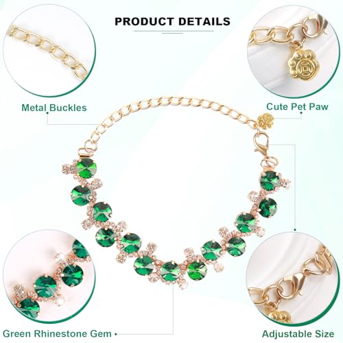 HOWWFALY Dog Collar and Cat Collar Gold Chain Necklace Stainless Steel Adjustable Green Rhinestones Collar with Cute Pet Paw for Small Medium Pets Cats Dogs Kitten Puppy (Green, M) - color: Green, size: Medium