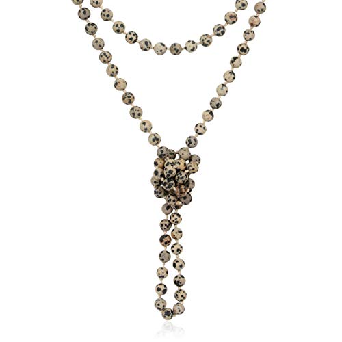 Bead Strand Versatile 60" Long Wrap Necklace - Handmade Knotted Multi Layer Sparkly Crystal, Semi Precious Natural Stone, Lava, Glass Faux Pearl - color: Natural Stone Bead - Dalmatian Jasper